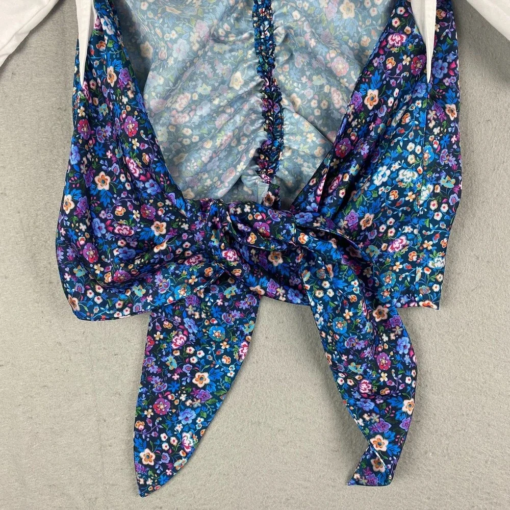 Sandro Lutetia Floral Print Mixed Media Top Open Back Tie Ruched Satin Blouse - Picture 2 of 13